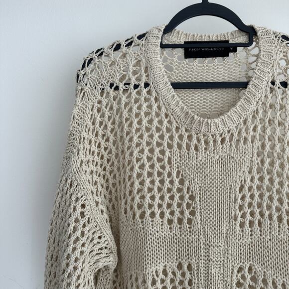 Racer Worldwide Cross Net Sweater Womens Medium Beige Cream Crochet Open Knit - Picture 3 of 13